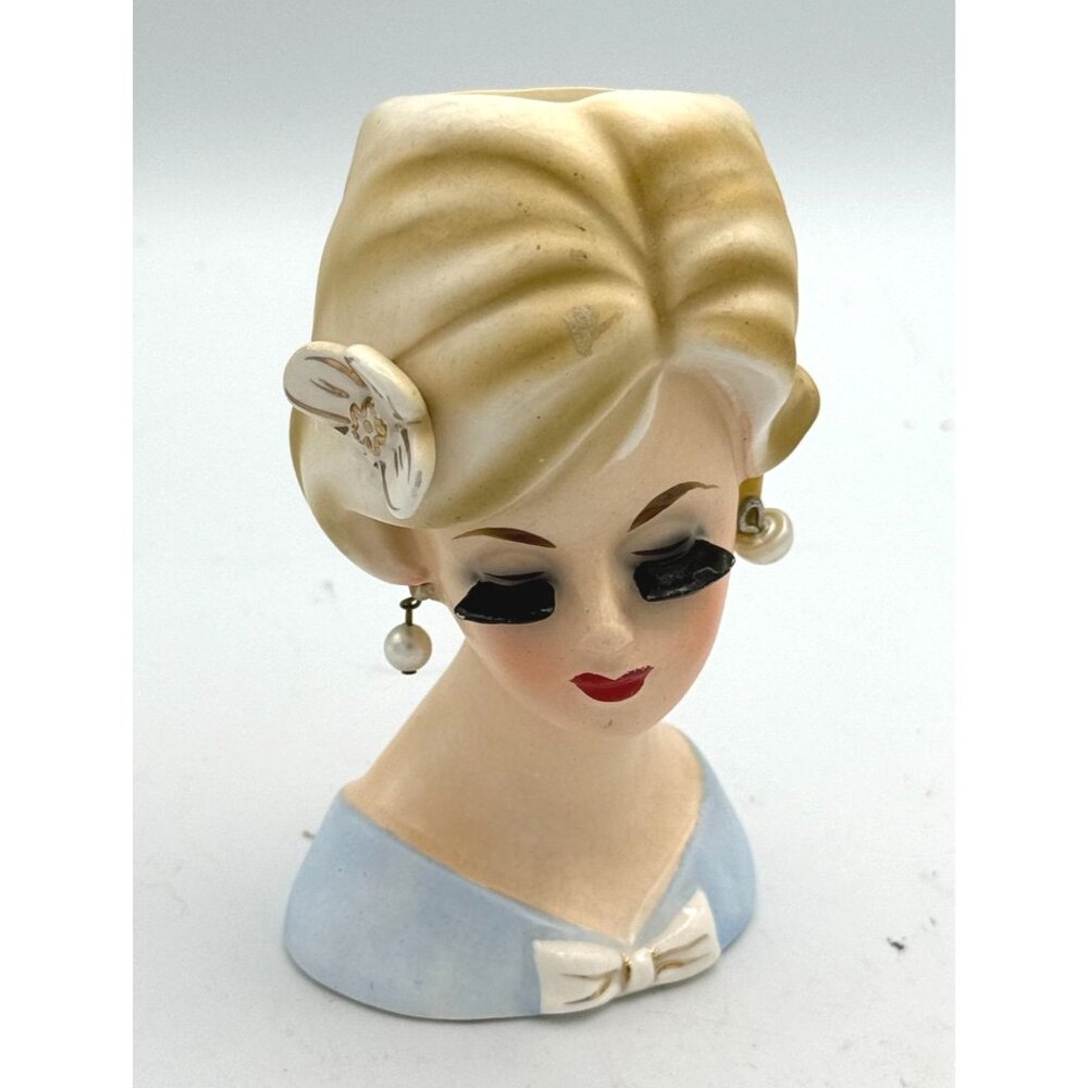 Enesco 4.5  " Lady Head Vase Blue Dress Blonde With Flower VTG Long Lashes As Is
